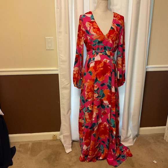 Lulus Dresses & Skirts - Lulu's Maxi Dress M Pink Red Orange Teal Floral Print V-Neck Long Balloon Sleeve